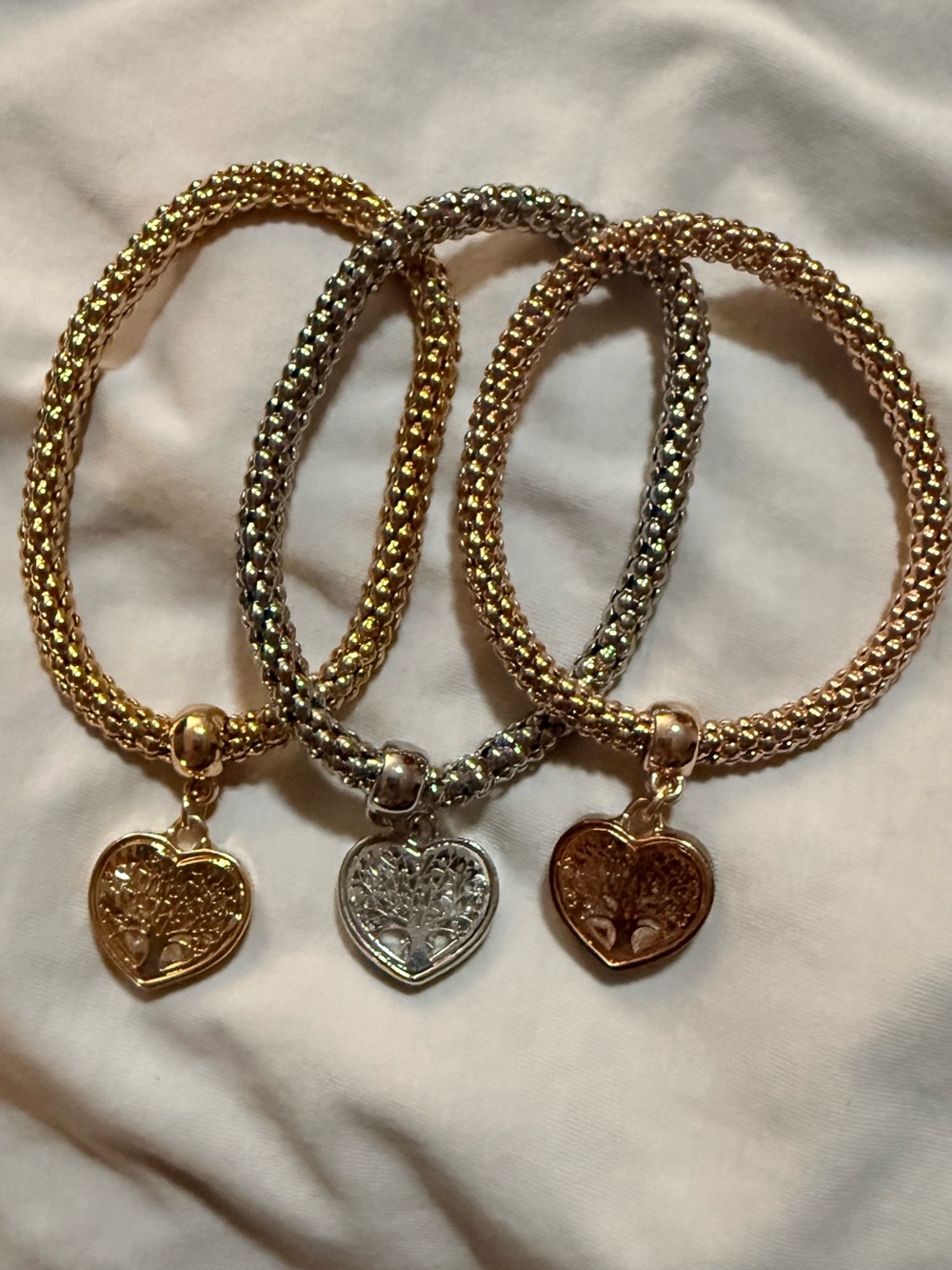 Lot of 3 Gold & Silver Tone Metal Bead Chain Heart Tree of Life Charm Bracelets